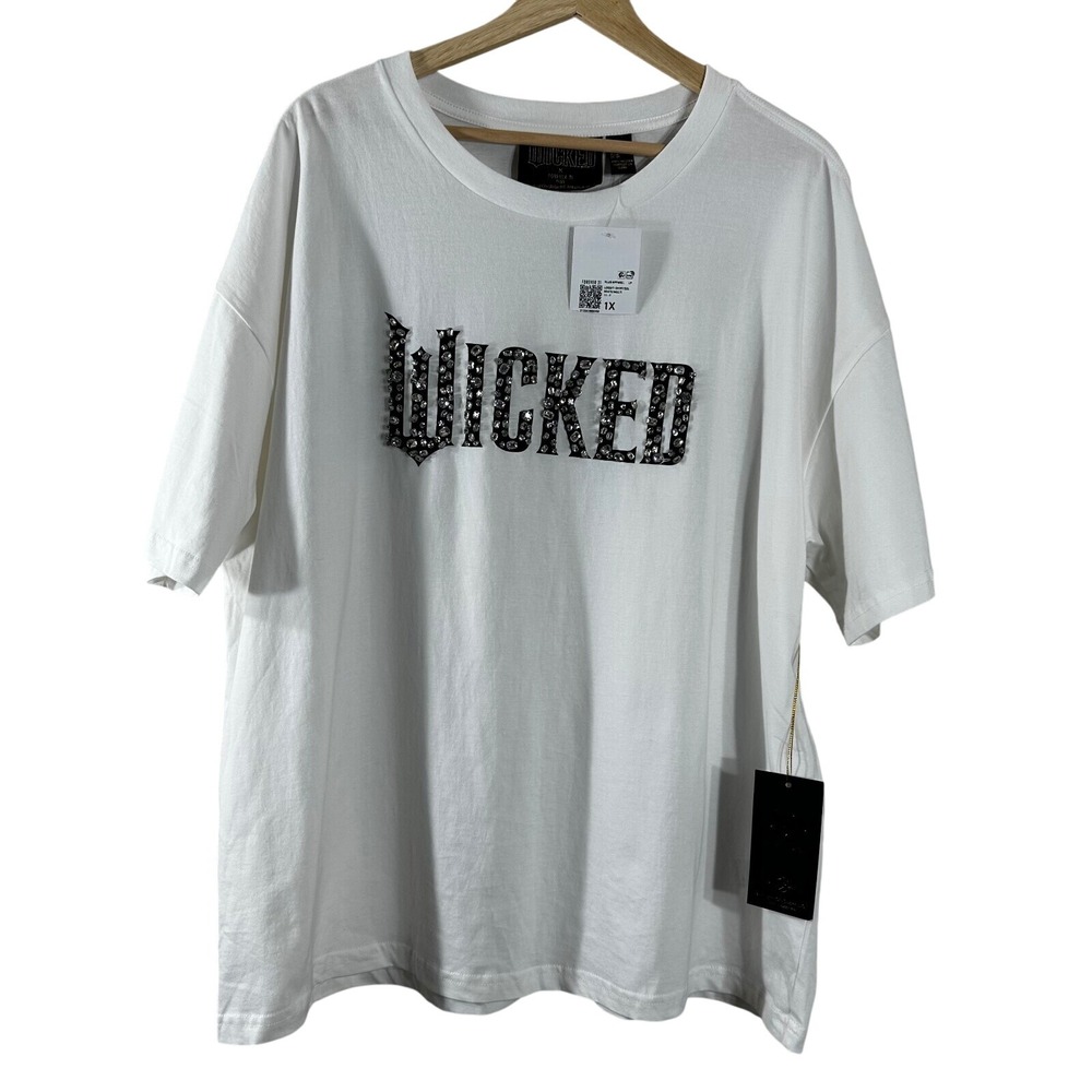 Wicked x Forever 21 Plus White Rhinestone Logo Graphic T-Shirt Size 1X NEW